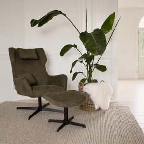 Elvin Loungestol med fodskammel - Grøn Stof