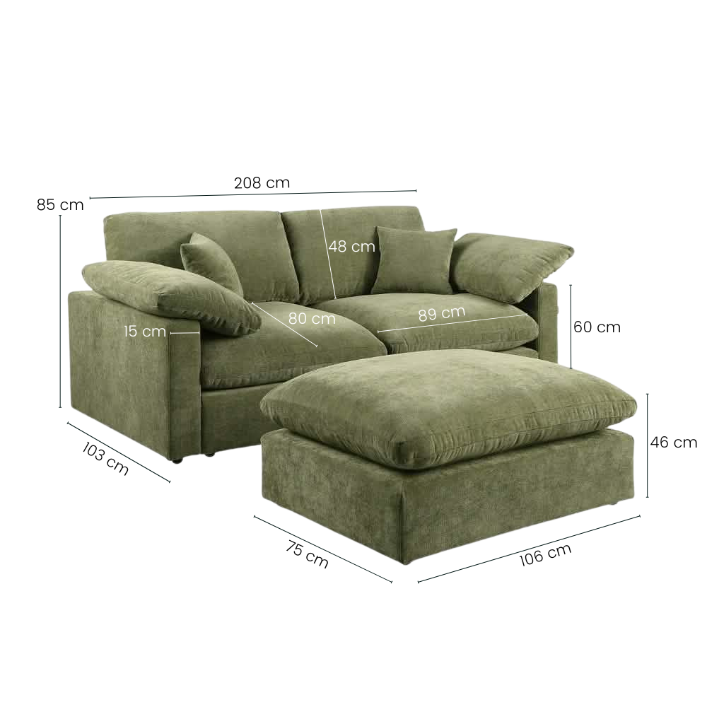 Alva Cloudsofa 2-Pers. m. Puf - Grøn
