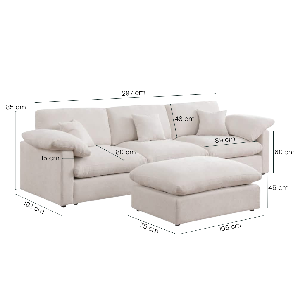 Alva Cloudsofa 3-Pers. sofa m. Puf - Beige