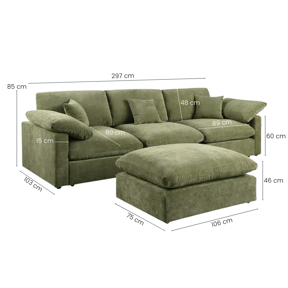 Alva Cloudsofa 3-Pers. Sofa m. Puf - Grøn