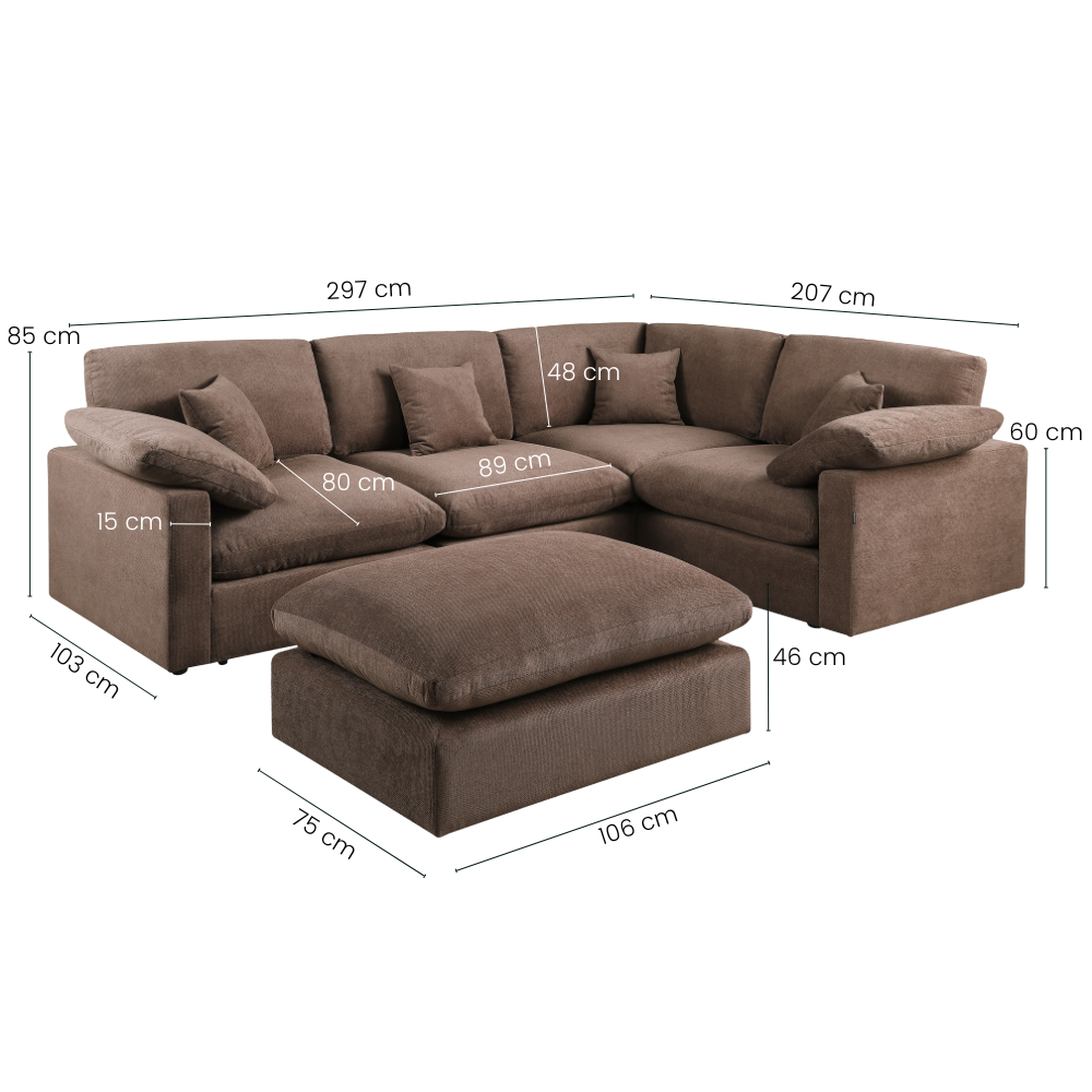 Alva Cloudsofa 4-Pers. Hjørnesofa m. Puf - Højrevendt - Brun
