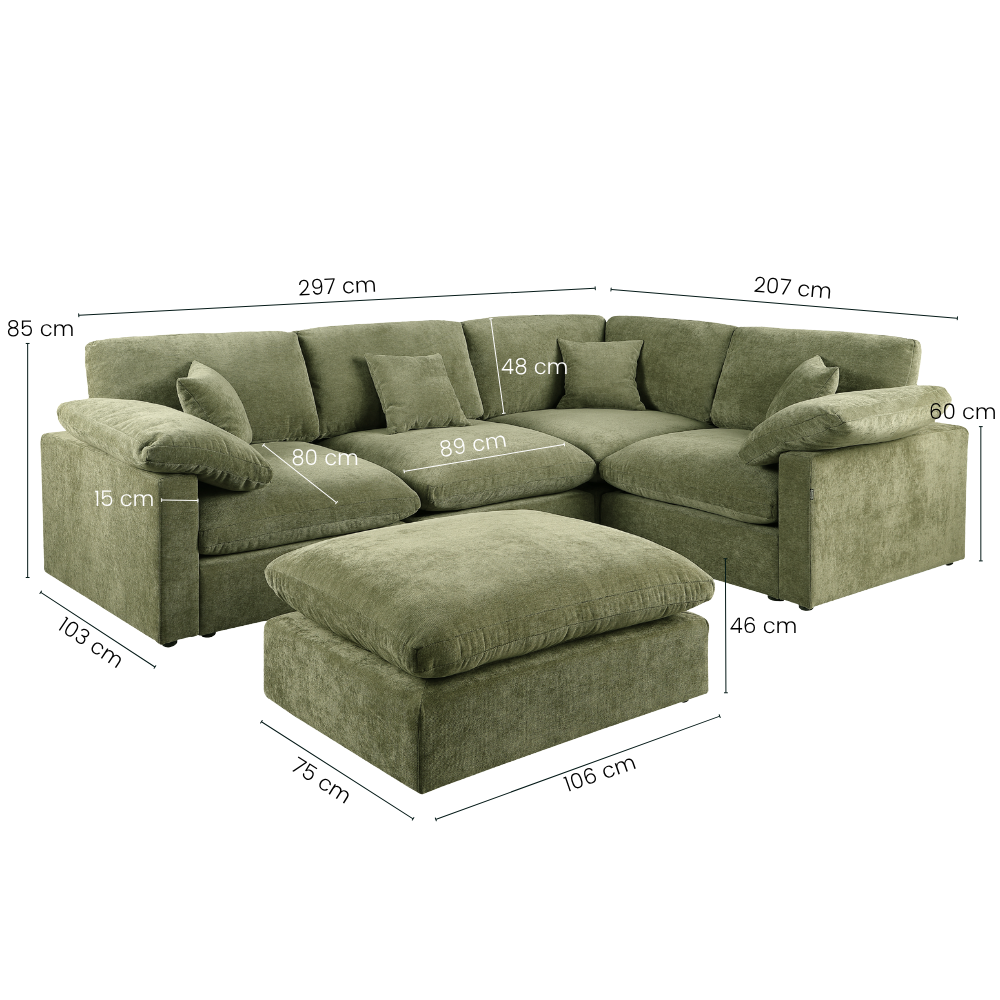 Alva Cloudsofa 4-Pers. Hjørnesofa m. Puf - Højrevendt - Grøn