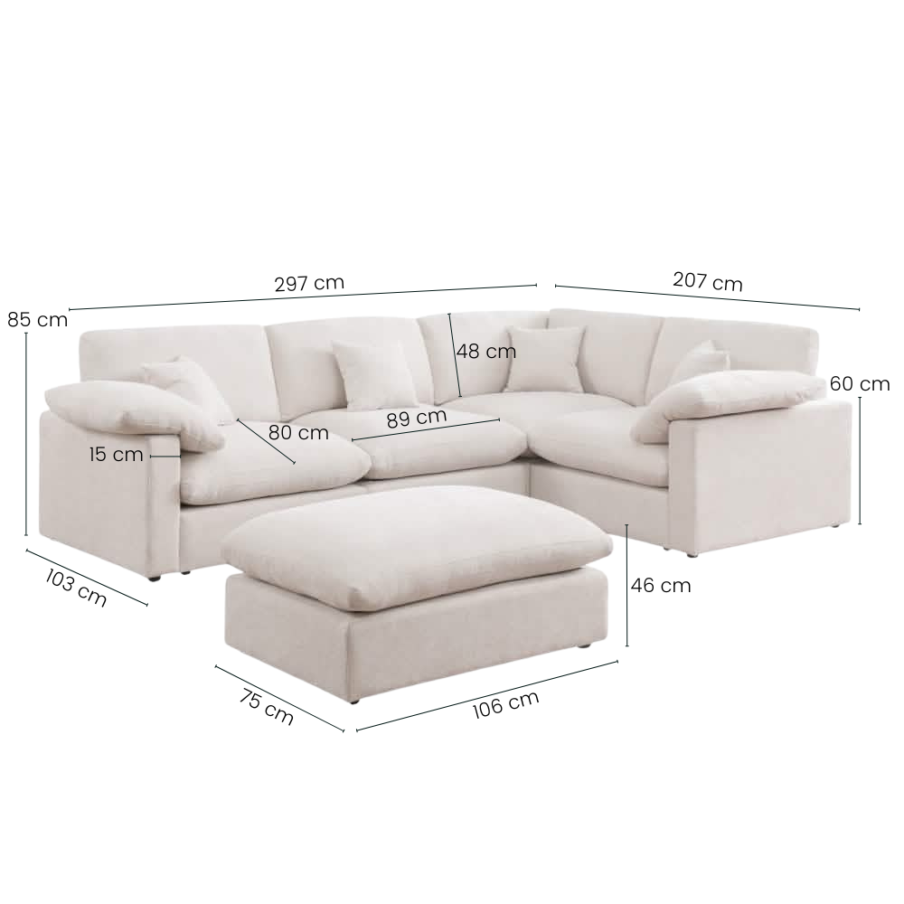 Alva Cloudsofa 4-Pers. Hjørnesofa m. Puf - Højrevendt - Beige