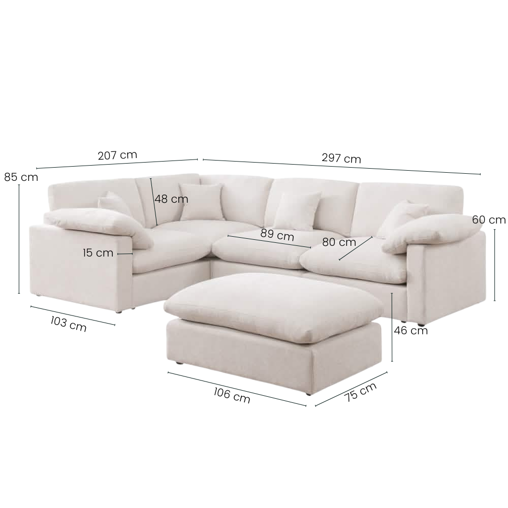 Alva Cloudsofa 4-Pers. Hjørnesofa m. Puf - Venstrevendt - Beige