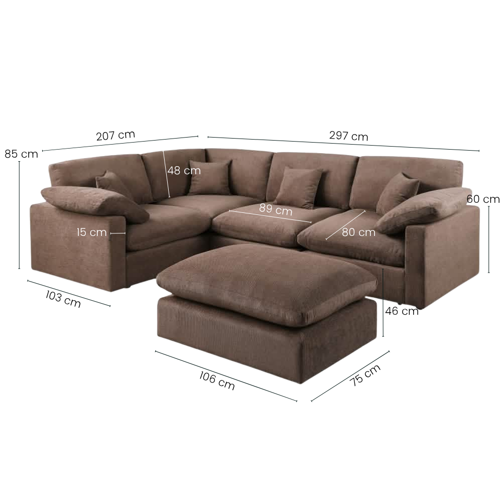 Alva Cloudsofa 4-Pers. Hjørnesofa m. Puf - Venstrevendt - Brun