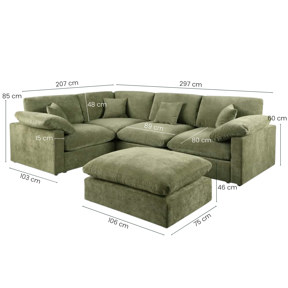 Alva Cloudsofa 4-Pers. Hjørnesofa m. Puf - Venstrevendt - Grøn