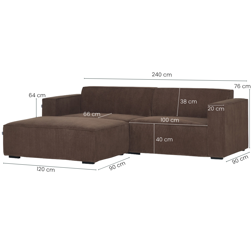 Balu Sofa - Brun Fløjl m. Puf - 240 cm