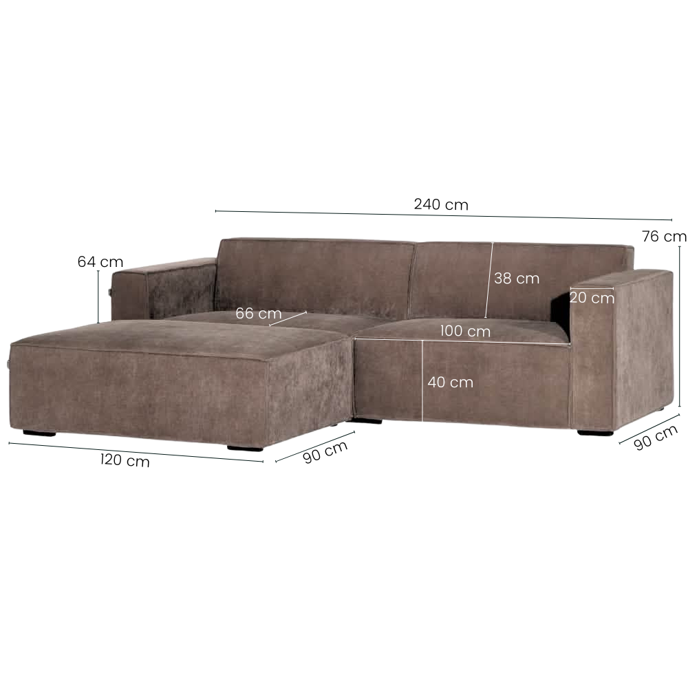 Balu Sofa - Grå/Brun Fløjl m. Puf - 240 cm