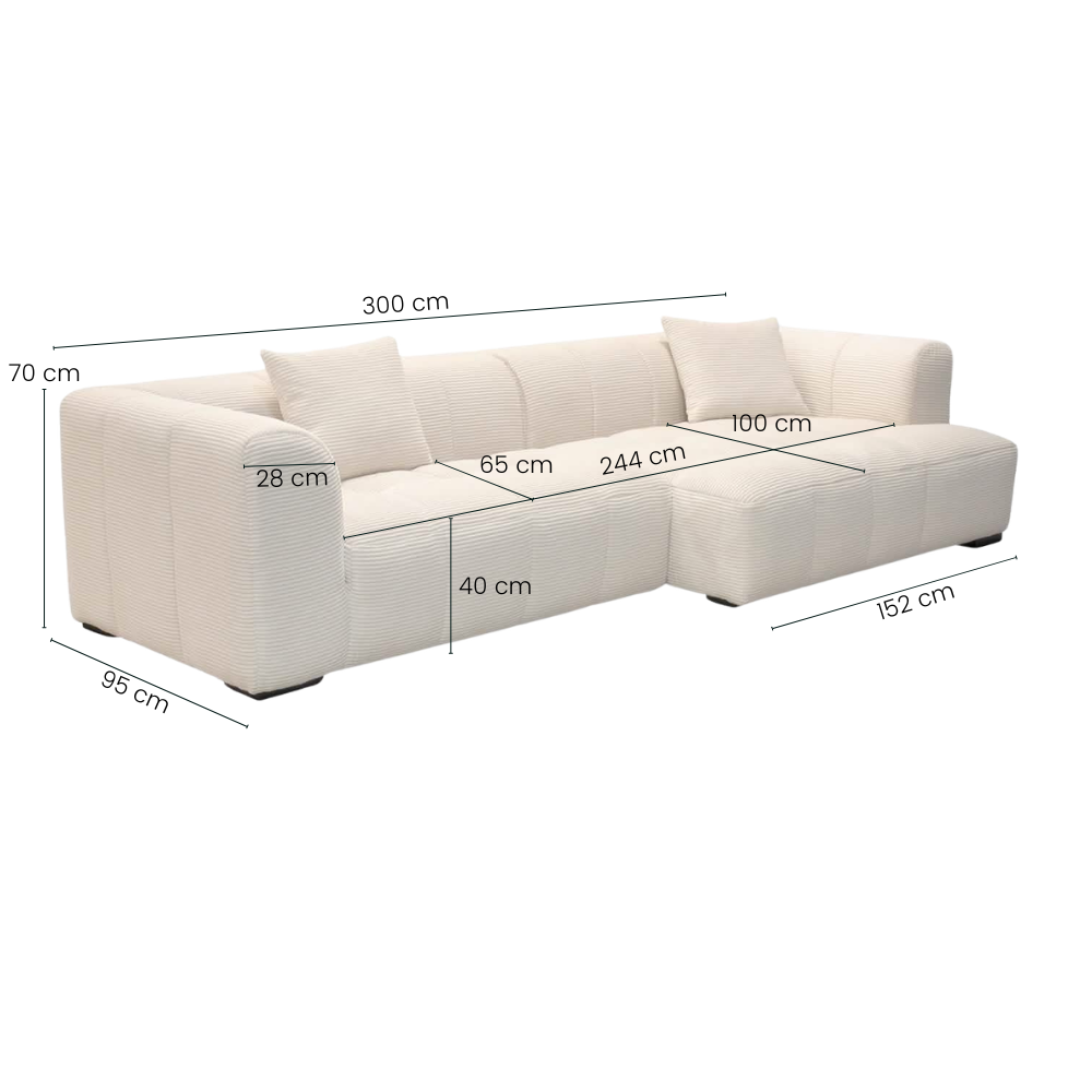 Bora Sofa - Venstrevendt - 300 cm - Lys Bredriflet Fløjl