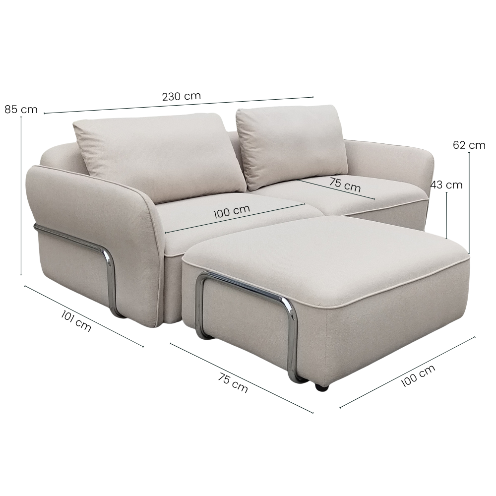 Lino Sofa m. Puf m. Chrome Stel - 230 cm - Beige