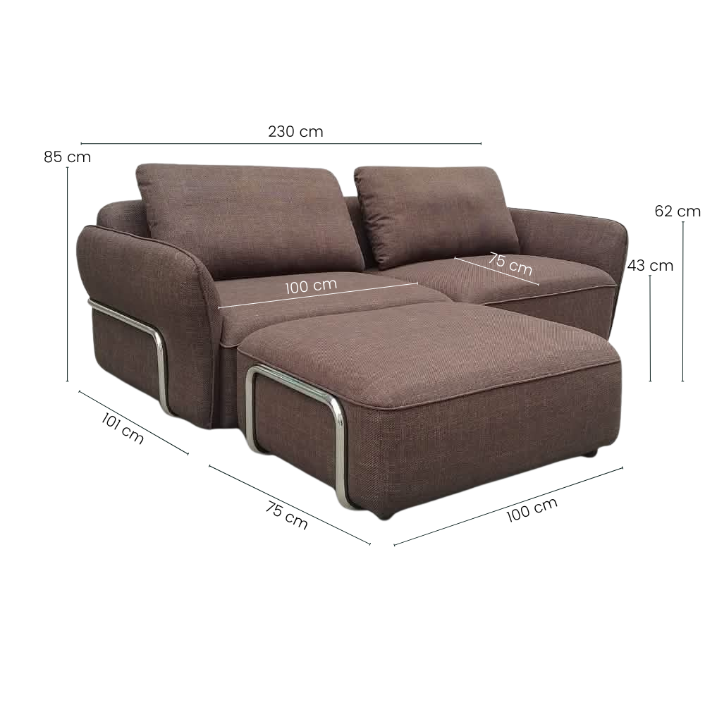 Lino Sofa m. Puf m. Chrome Stel - 230 cm - Brun
