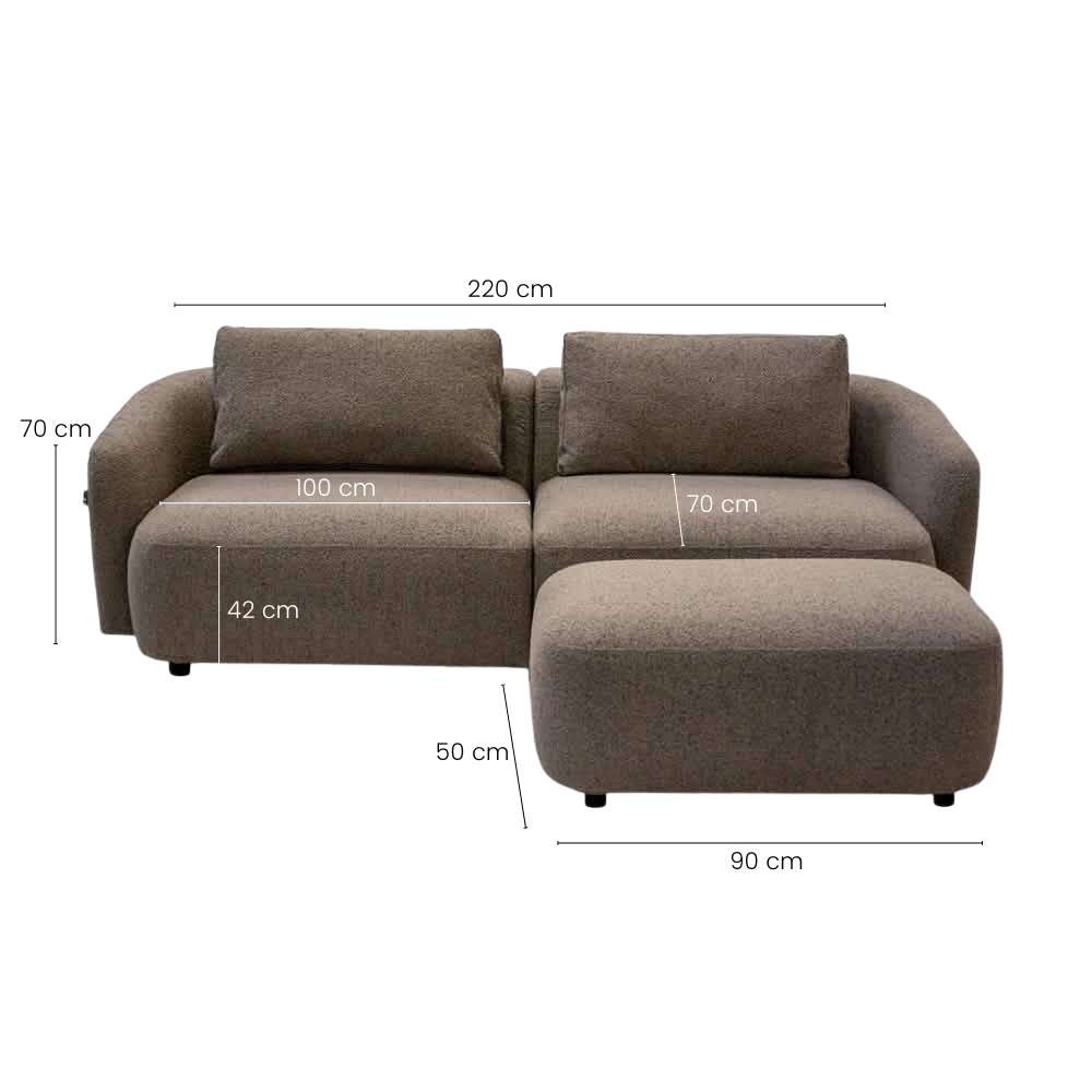 Nolio Modulsofa m. Puf - 220 cm - Brun Bouclé