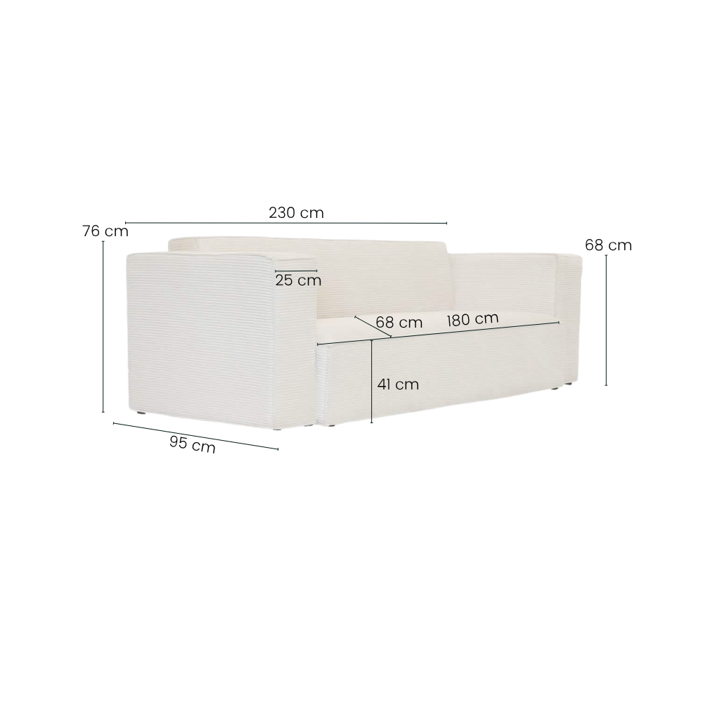 Ollie Sofa - 230 cm - Lys Bredriflet Fløjl