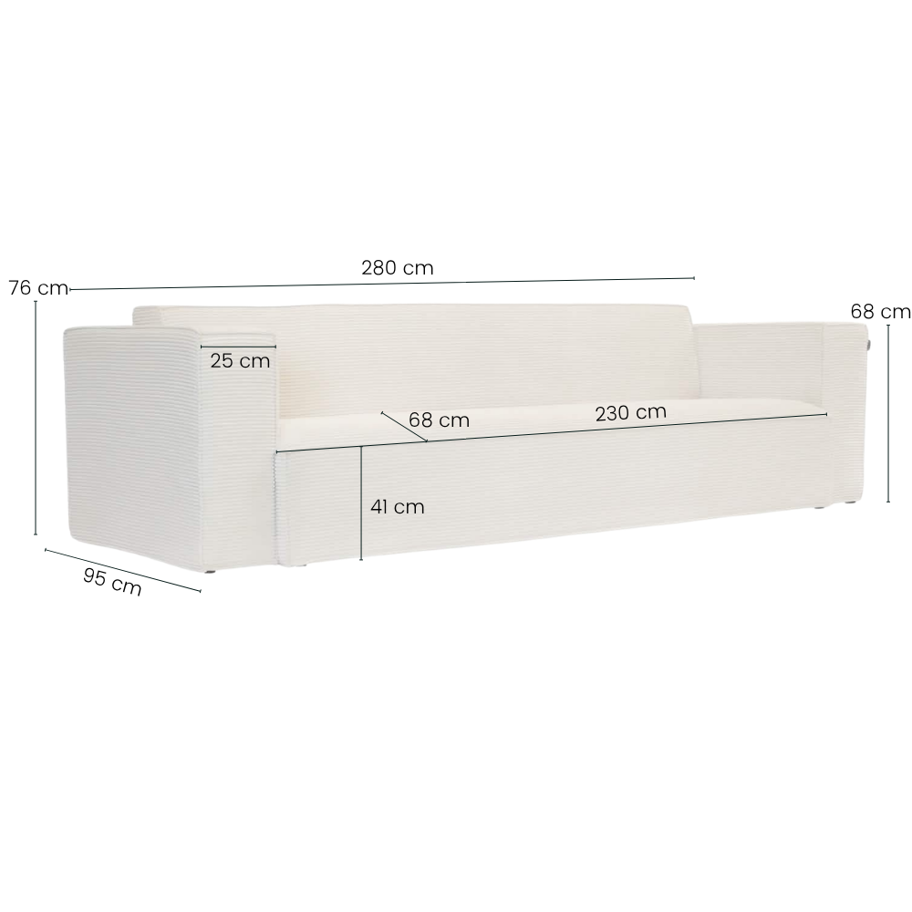 Ollie Sofa - 280 cm - Lys Bredriflet Fløjl